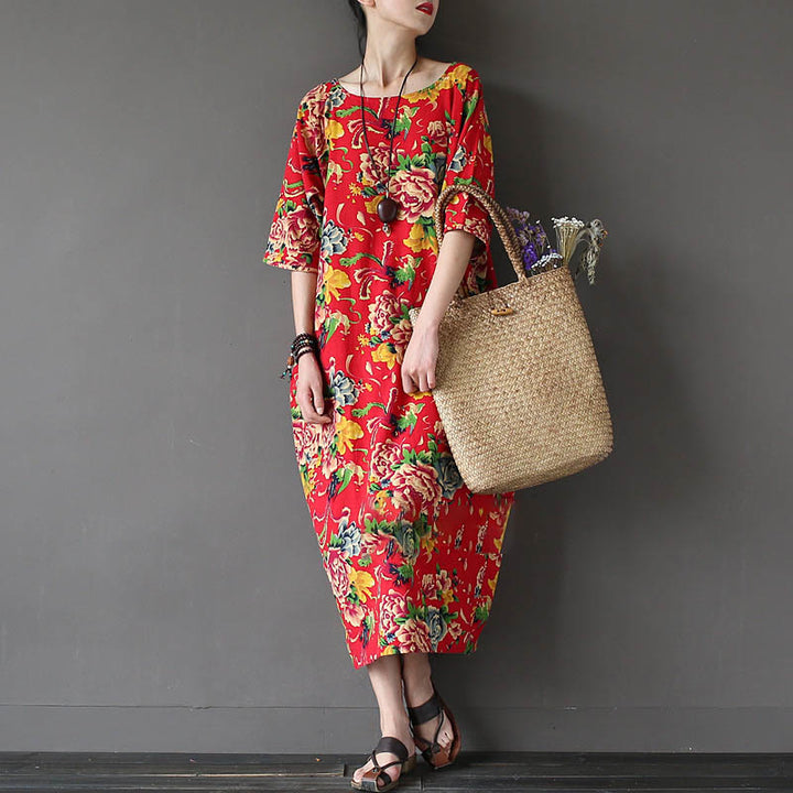 Vestido midi con estampado de flores de peonía roja y Buddha Stones Vestido de lino y algodón de media manga