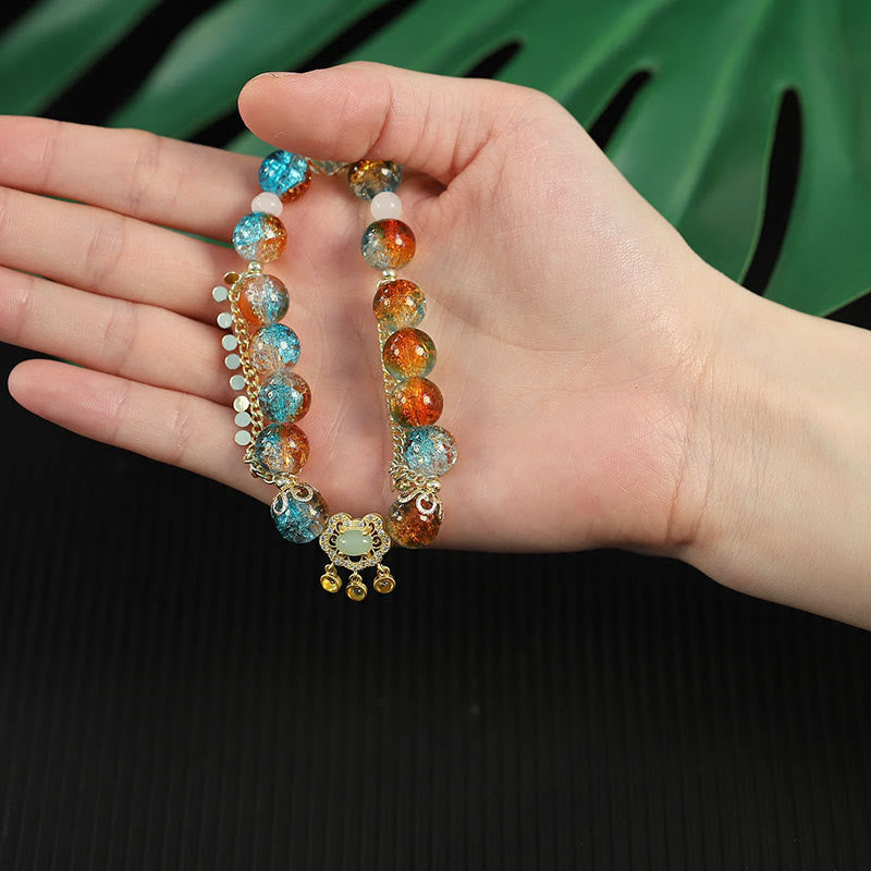 Pulsera de la fortuna con dijes de cerradura china con cuentas de vidrio Liuli coloridas de Buddha Stones