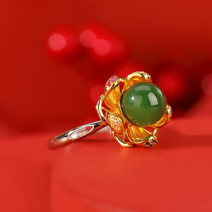 Anillo de éxito de flor de loto de jade cian blanco de plata de ley 925