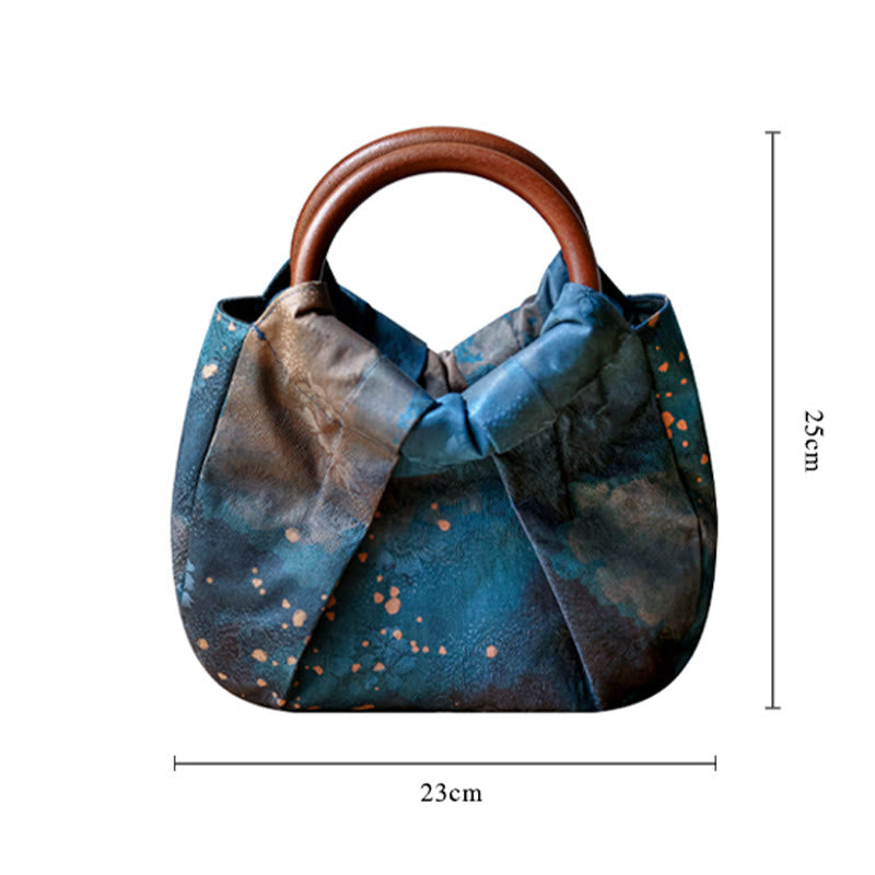 Bolso de mano con asa de madera azul con flor de jacquard hecho a mano con Buddha Stones