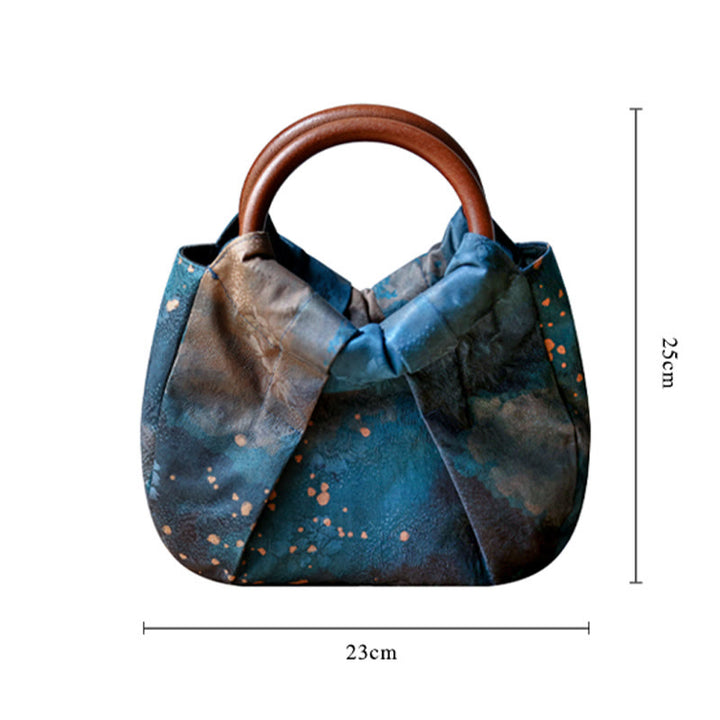 Bolso de mano con asa de madera azul con flor de jacquard hecho a mano con Buddha Stones