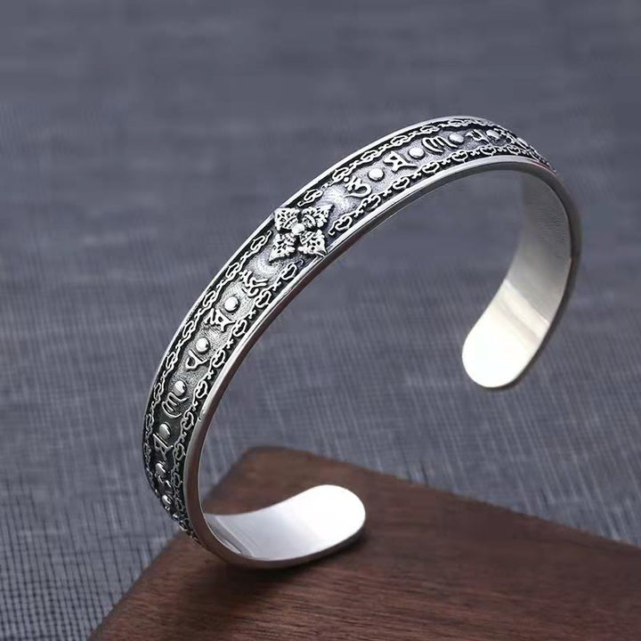 Pulsera de plata de ley 925 con Buddha Stones Om Mani Padme Hum doble Dorje grabado sabiduría