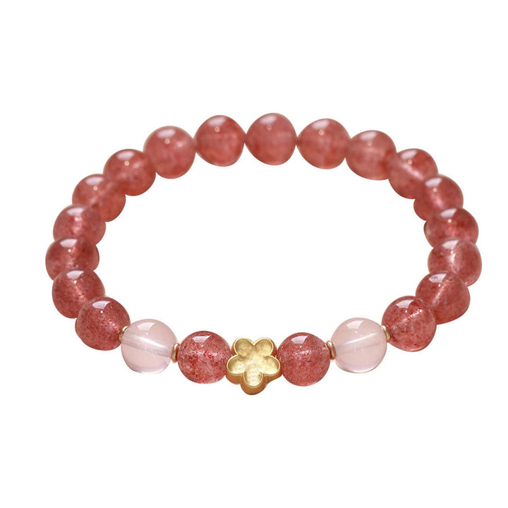 Pulsera curativa de la fortuna con Buddha Stones, Cuarzo Fresa Natural, flor de melocotón, PiXiu