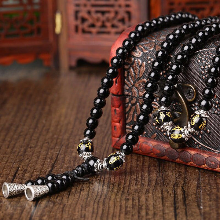 Pulsera Mala de protección con seis palabras verdaderas de obsidiana negra con Buddha Stones