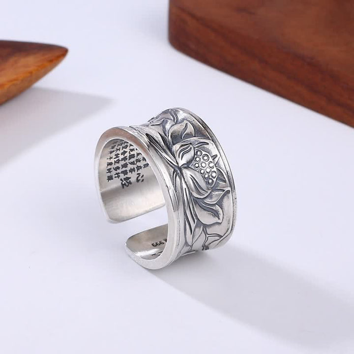 Anillo de protección Sutra de corazón de flor de loto de plata de ley 999 con Buddha Stones