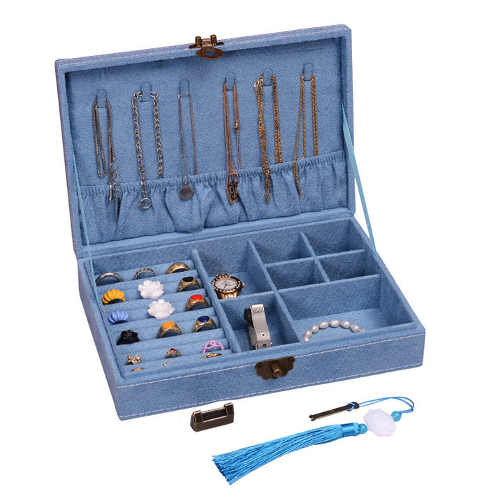 Caja organizadora de joyería de diseño Simple con Buddha Stones, caja de almacenamiento de joyería de franela de una sola capa con cerradura - Azul 28 cm x 19 cm x 6,5 cm - image 16