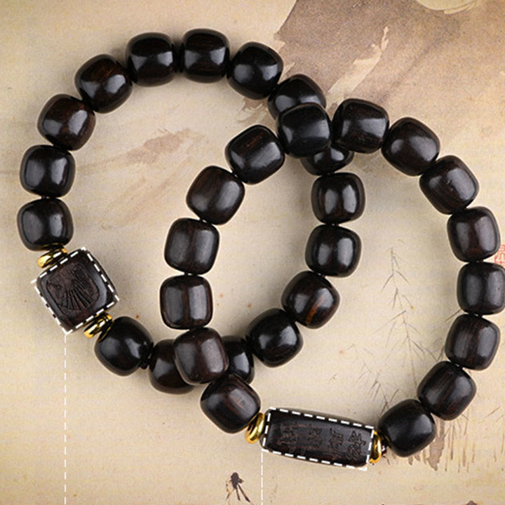 Pulsera de equilibrio de la suerte y el tesoro, cuentas de barril de madera de ébano tibetano, Buddha Stones