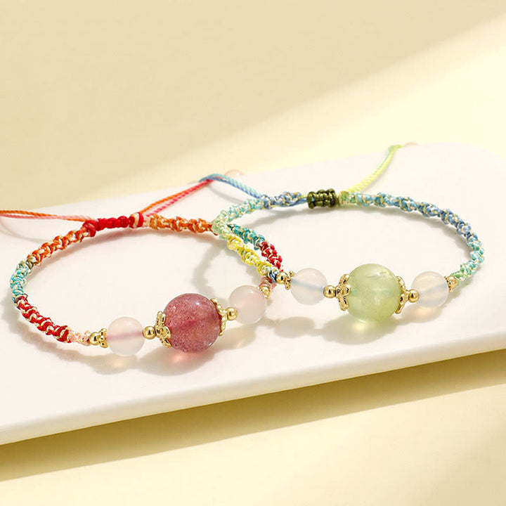 Pulsera de cuerda curativa con cuentas de ágata blanca y prehnita de cristal rosa de cuarzo fresa con Buddha Stones