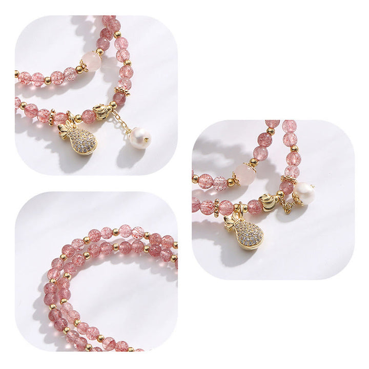 Pulsera de doble envoltura con dije positivo para bolsa de dinero de cuarzo fresa con Buddha Stones