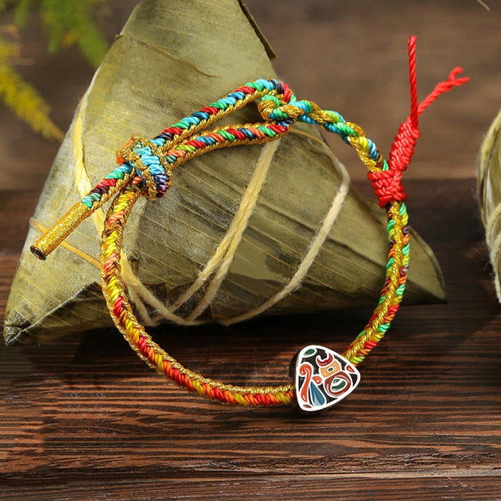 Buddha Stones de Plata de Ley 925, Festival del Barco del Dragón, personaje Fu, patrón Zongzi, pulsera de la suerte hecha a mano, multicolor para niños y adultos