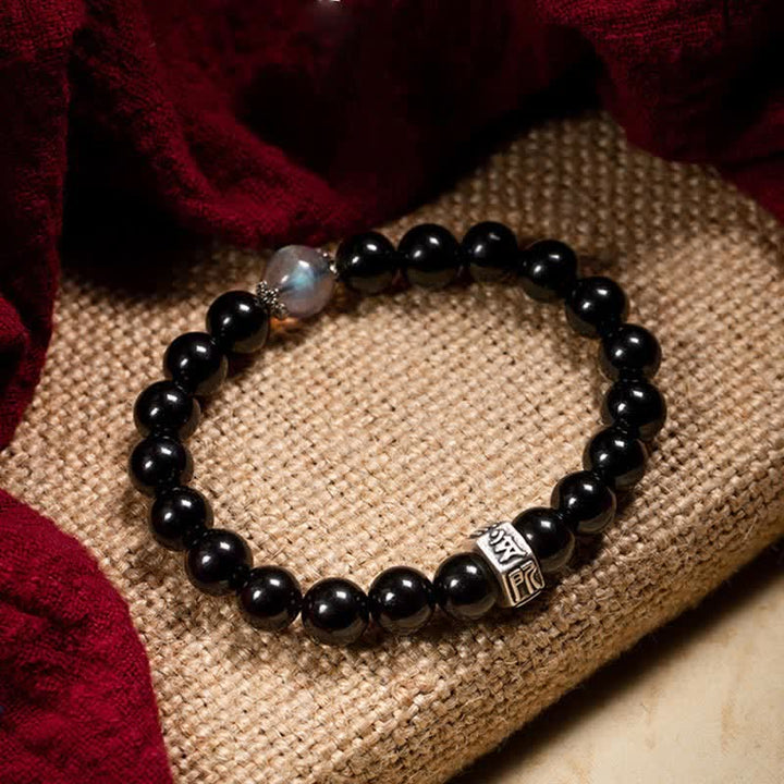 Pulsera de fuerza de piedra lunar de obsidiana negra de plata de ley 925 con Buda natal del zodíaco chino - Perro/Cerdo-Buda Amitabha - image 0