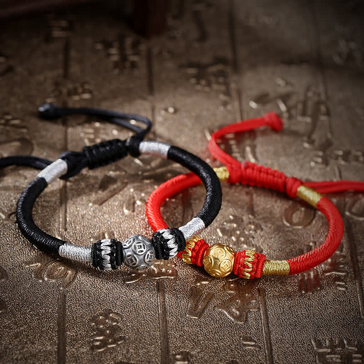 Pulsera de hilo con cuentas de la suerte, protección de monedas, cobre redondo, plata de ley 999, Buddha Stones
