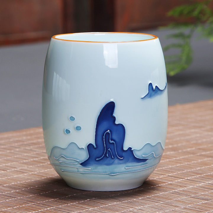 Taza de té de cerámica con Buddha Stones, pez Koi, paisaje de loto, diente de león, flor de peonía, taza de té de Kung Fu