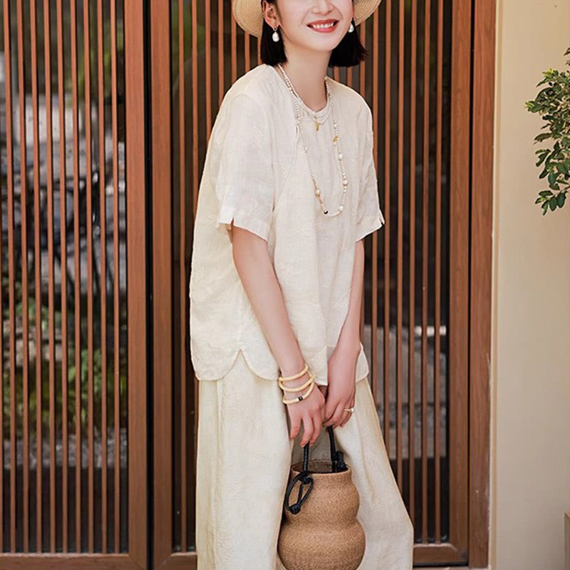 Blusa suelta de lino de ramio con Buddha Stones , camisa de manga corta, Top de estilo chino