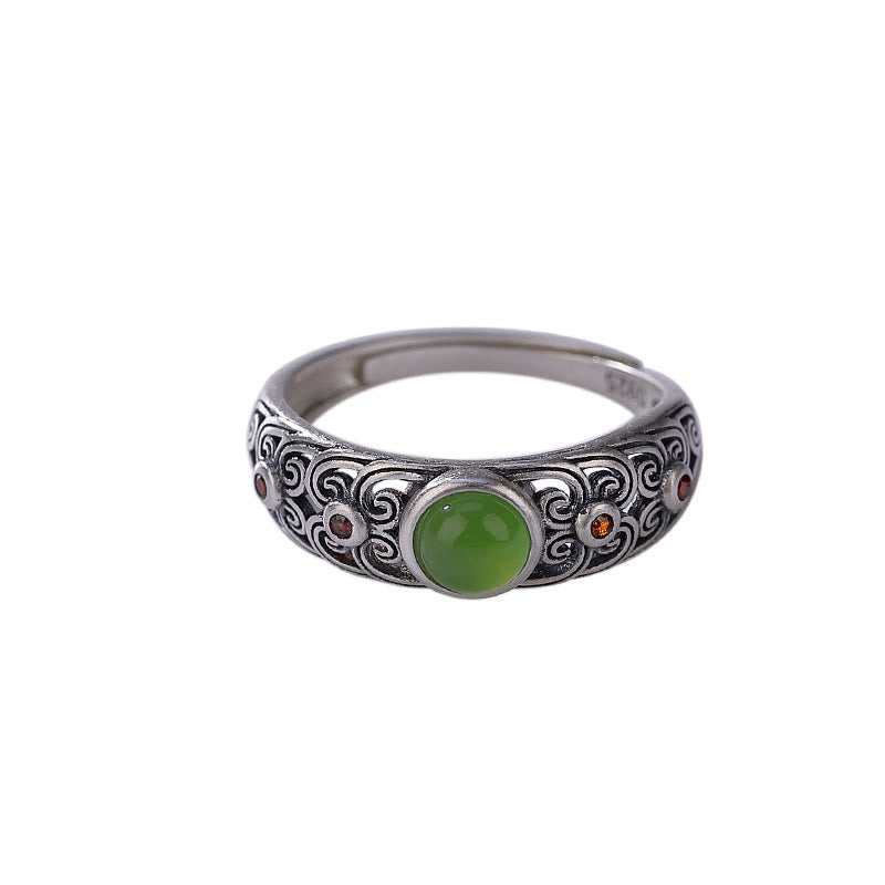 Anillo ajustable de armonía de jade cian hetiano de plata de ley 925 con Buddha Stones