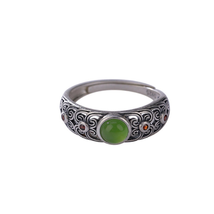 Anillo ajustable de armonía de jade cian hetiano de plata de ley 925 con Buddha Stones