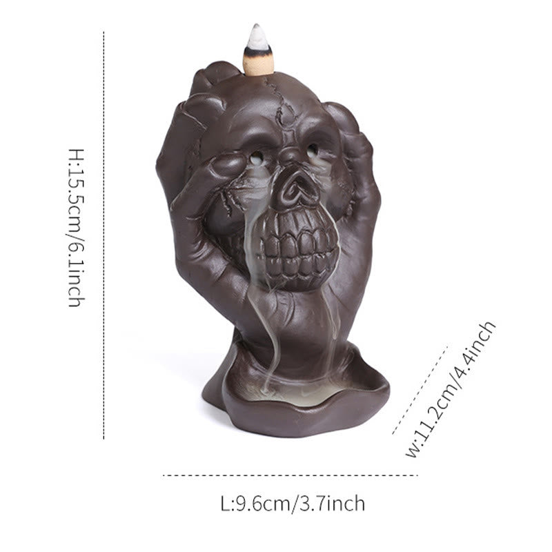 Buddha Stones, calavera de Halloween con mano fantasma, decoración de quemador de incienso espiritual de arcilla púrpura