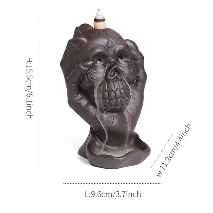 Buddha Stones, calavera de Halloween con mano fantasma, decoración de quemador de incienso espiritual de arcilla púrpura