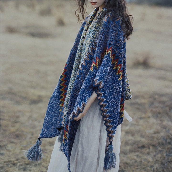 Mantón tibetano de Buddha Stones, capa de punto suave y cálida, bufanda tibetana con borlas de invierno