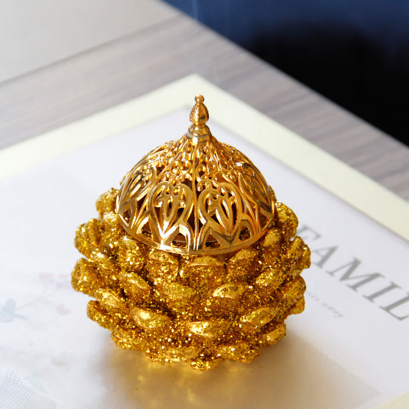 Mini quemador de incienso con diseño de cono de pino dorado, decoración de mesa para el hogar, rituales espirituales