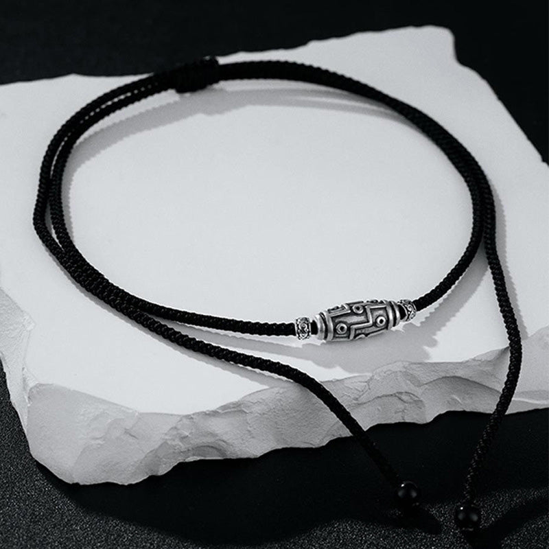 Collar con colgante de cuerda de protección con diseño de cuentas Dzi de nueve ojos de plata de ley 999 con Buddha Stones