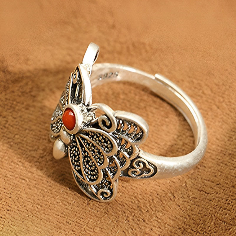 Juego de pendientes de anillo de autoaceptación de mariposa de ágata roja de plata de ley 925 con Buddha Stones