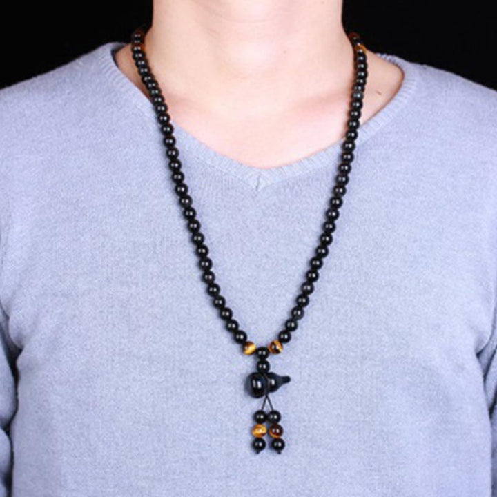 Pulsera de bendición de calabaza de obsidiana arcoíris de obsidiana negra natural con Buddha Stones Mala