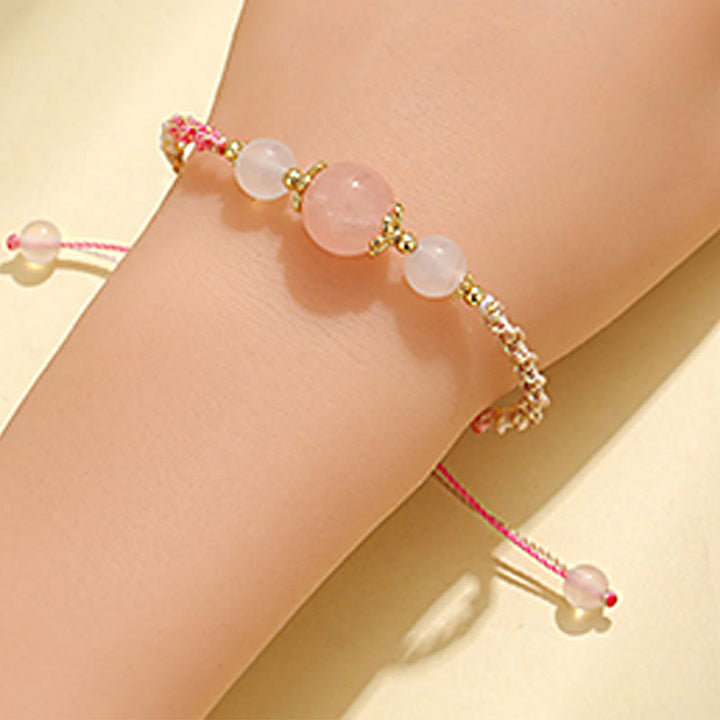 Pulsera de cuerda curativa con cuentas de ágata blanca y prehnita de cristal rosa de cuarzo fresa con Buddha Stones