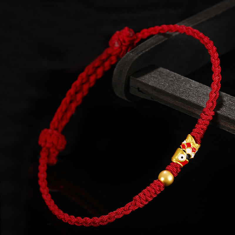 Pulsera de hilo trenzado hecha a mano con pez Koi de la suerte de oro 999 de Buddha Stones