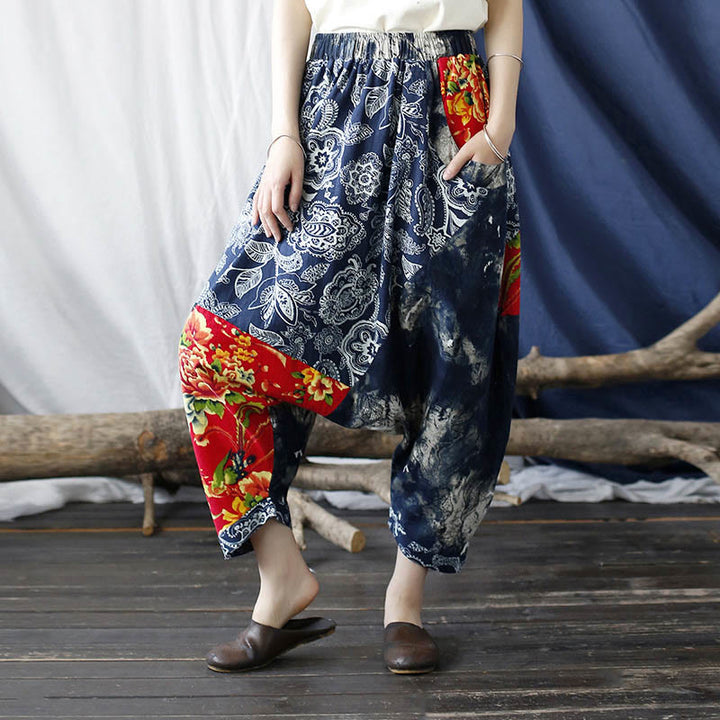 Pantalones bombachos de lino y algodón con retazos de flores de peonía azul y rojo con Buddha Stones y bolsillos