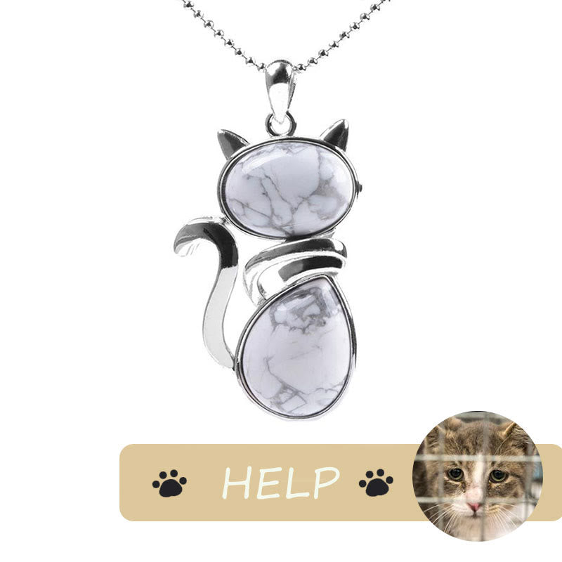 &quot;Save A Cat&quot; Lindo patrón de gato Protección de cristal natural Collar con colgante amante de los gatos