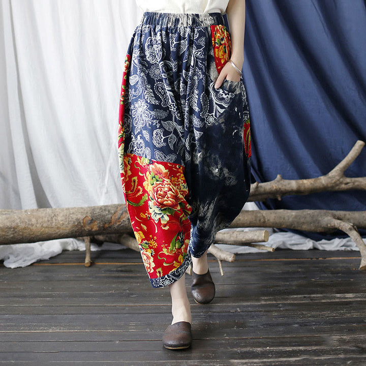 Pantalones bombachos de lino y algodón con retazos de flores de peonía azul y rojo con Buddha Stones y bolsillos