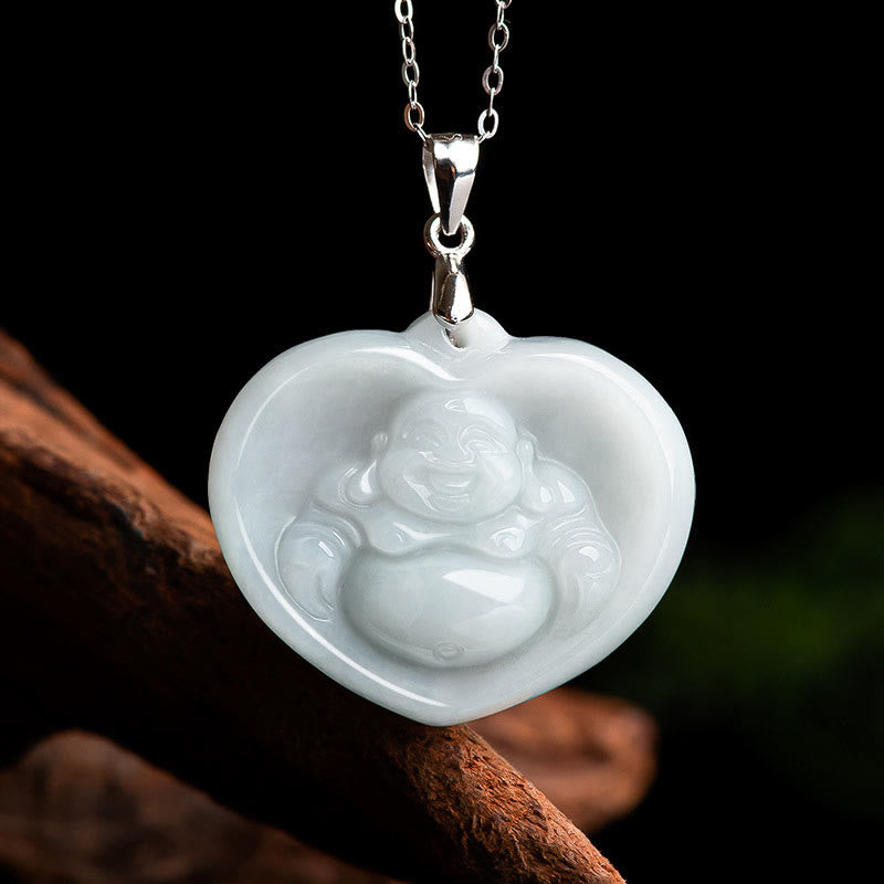 Colgante de plata de ley 925 con Buddha Stones , diseño de Buda sonriente, jade blanco, bendición de la suerte - Jade Blanco (Protección ♥Felicidad) - image 1