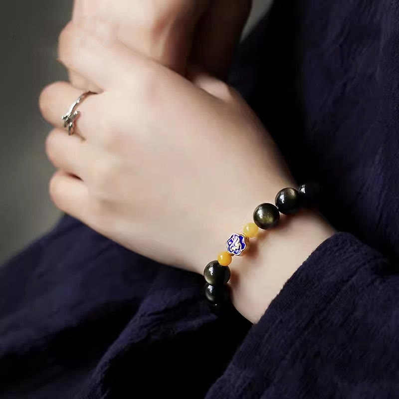 Pulsera de protección de la riqueza, Plata de Ley 925 con Buddha Stones , zodíaco chino, Buda natal, brillo de oro Natural, obsidiana, ámbar - image 10
