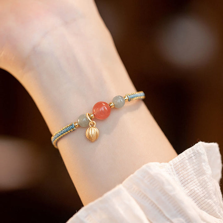 Pulsera de hilo con Buddha Stones, ágata roja, Jade, loto, confianza, calma