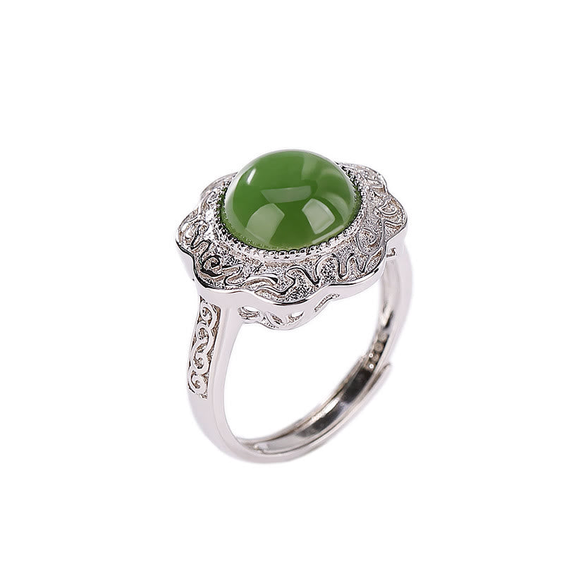 Anillo ajustable de la suerte con diseño de flor de jade cian hetiano de plata de ley 925 con Buddha Stones