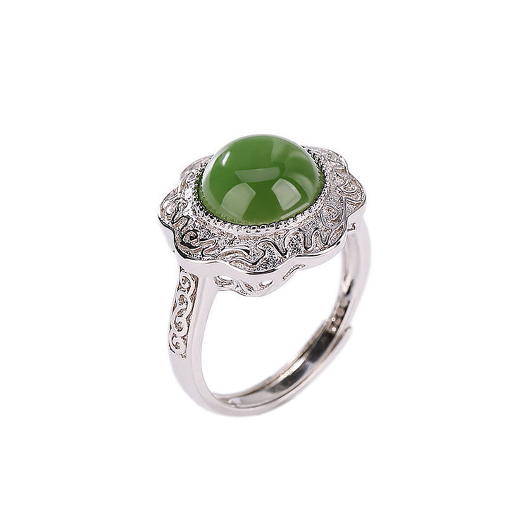 Anillo ajustable de la suerte con diseño de flor de jade cian hetiano de plata de ley 925 con Buddha Stones