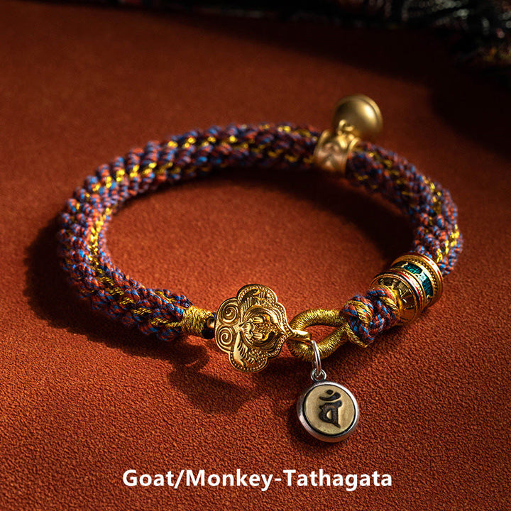 Pulsera de cuerda trenzada con campana de la suerte, Om Mani Padme Hum, Buda natal del zodíaco chino, Plata de Ley 925 con Buddha Stones