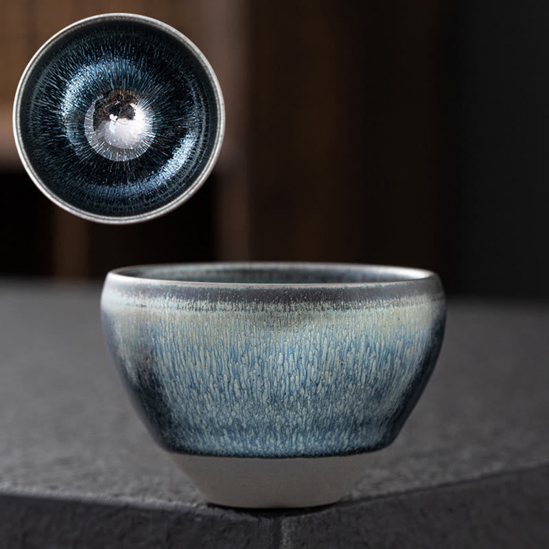 Buddha Stones Vintage chino plata azul Jianzhan horno cambio porcelana taza de té Kung Fu