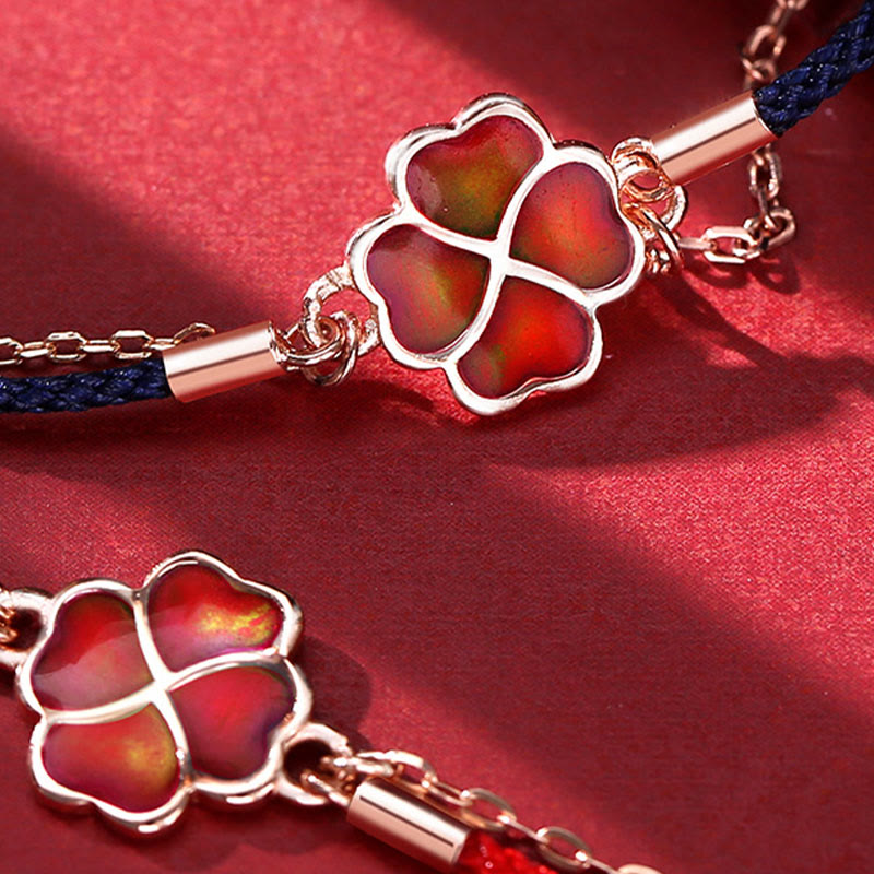 Pulsera de hilo rojo con protección de la suerte de trébol de cuatro hojas que cambia de color de plata de ley 925 con Buddha Stones