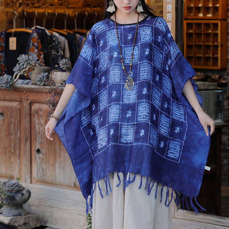 Jersey suave con borlas y chal a cuadros con bloques de Color azul de Buddha Stones 90*95cm