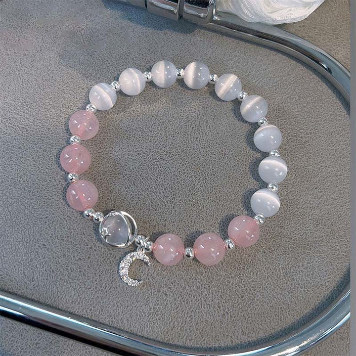 Pulsera con dije de amor y luna de cristal rosa, ojo de gato natural , Buddha Stones