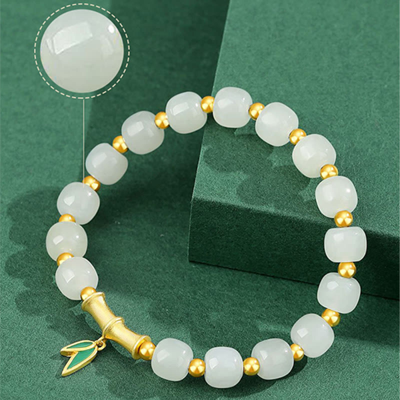 Pulsera de la suerte de bambú de jade blanco hetiano de plata de ley 925 con Buddha Stones