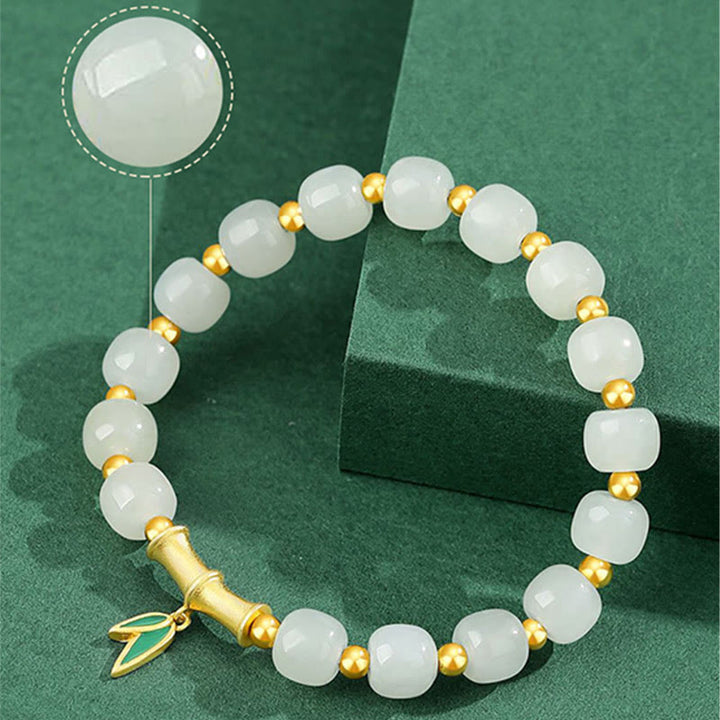 Pulsera de la suerte de bambú de jade blanco hetiano de plata de ley 925 con Buddha Stones