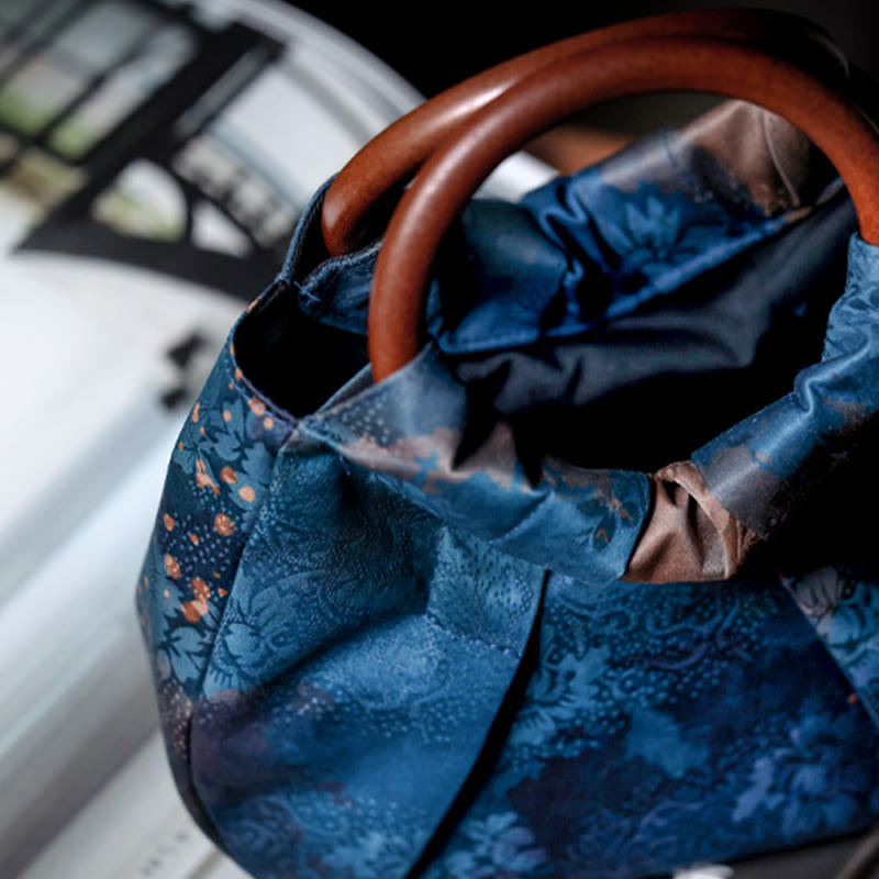 Bolso de mano con asa de madera azul con flor de jacquard hecho a mano con Buddha Stones