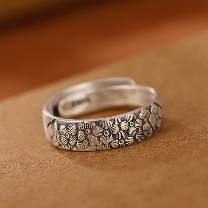 Anillo de iluminación grabado con Buddha Stones de plata de ley 999, flor de loto, flor de ciruelo, nubes auspiciosas