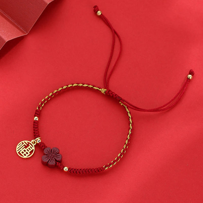 Pulsera de hilo trenzado con Buddha Stones, flor de cinabrio, carácter Fu, bendición
