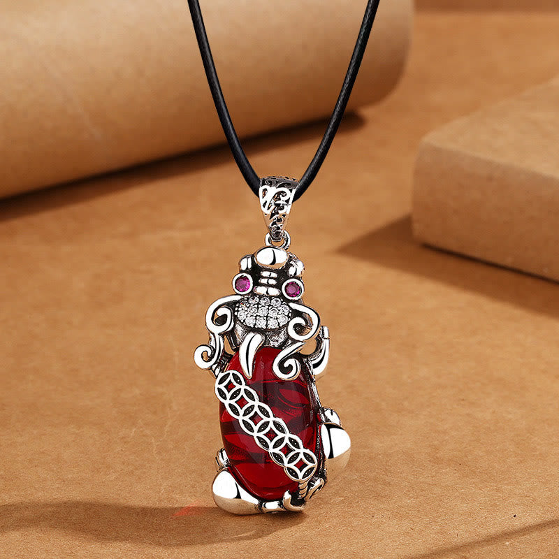 Buddha Stones PiXiu granate cobre moneda riqueza suerte collar colgante - PiXiu y cuerda de cuero - image 6