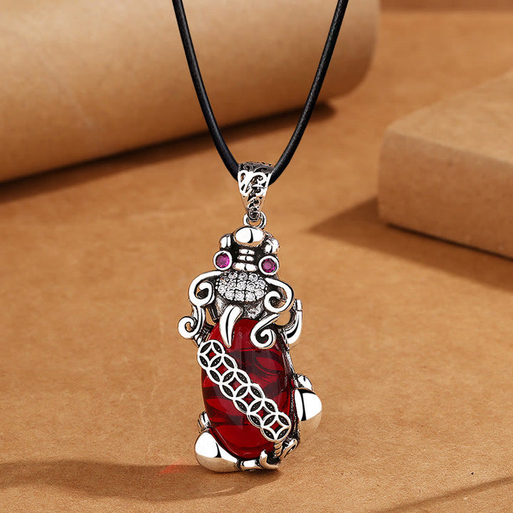 Buddha Stones PiXiu granate cobre moneda riqueza suerte collar colgante - PiXiu y cuerda de cuero - image 6