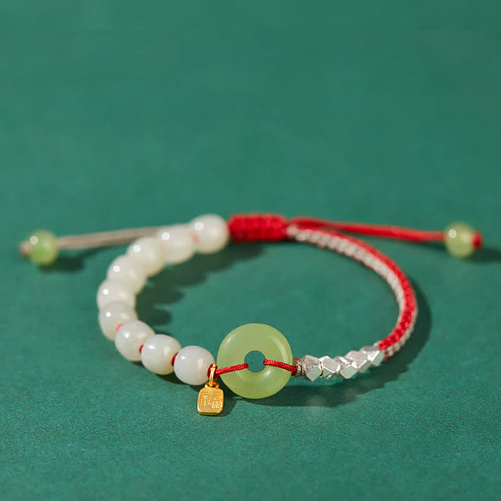 Pulsera de plata de ley 925 con hebilla de paz y jade hetiano con cuentas de suerte y felicidad